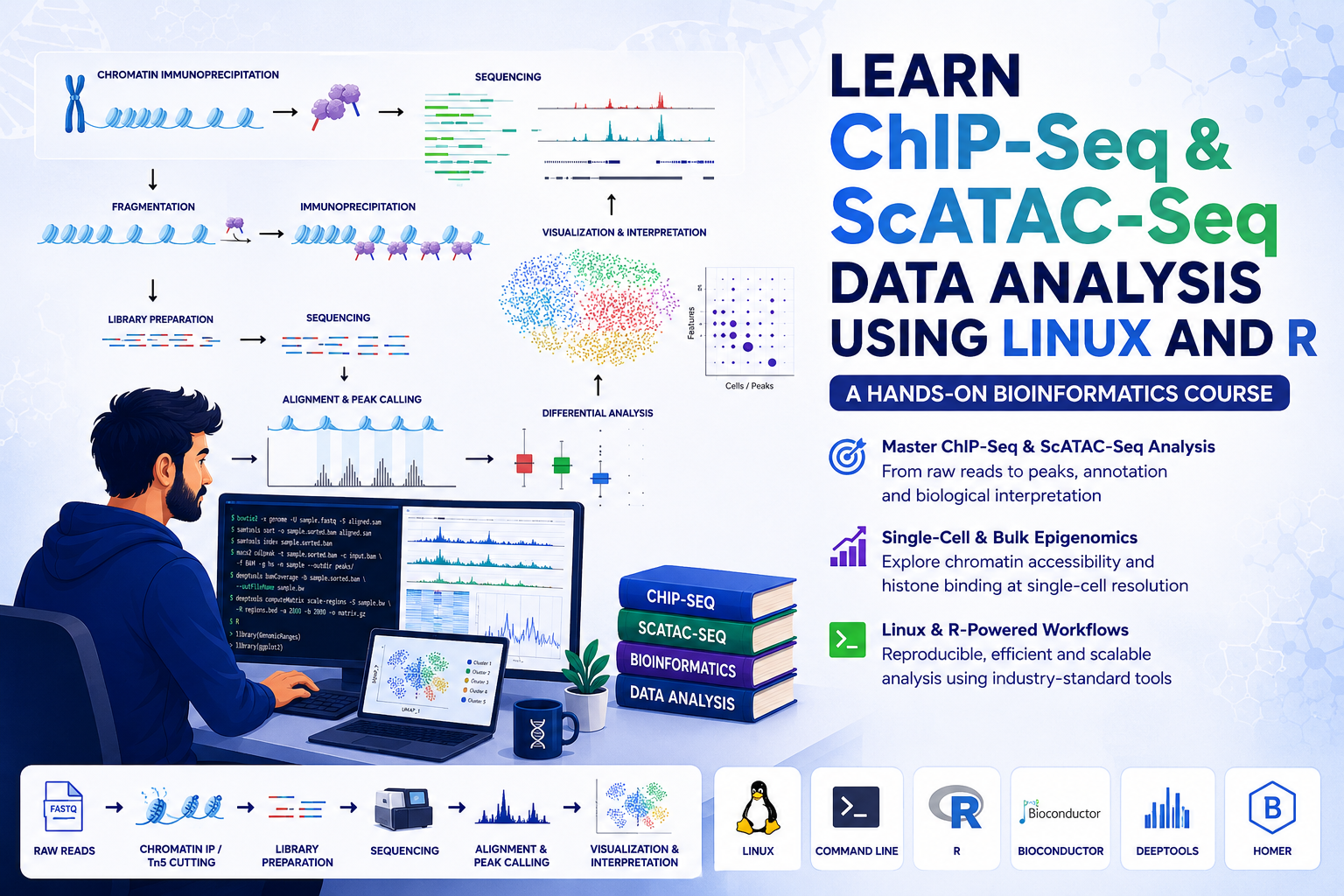 Learn ChIP-Seq & Single Cell ATAC-Seq Data Analysis Using Linux and R