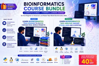 Bioinformatics Course Bundle covering bioinformatics fundamentals, data analysis, Python, Linux, and R programming