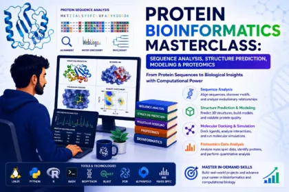 Protein Bioinformatics Masterclass covering protein sequence analysis, structure prediction, molecular modeling, and proteomics